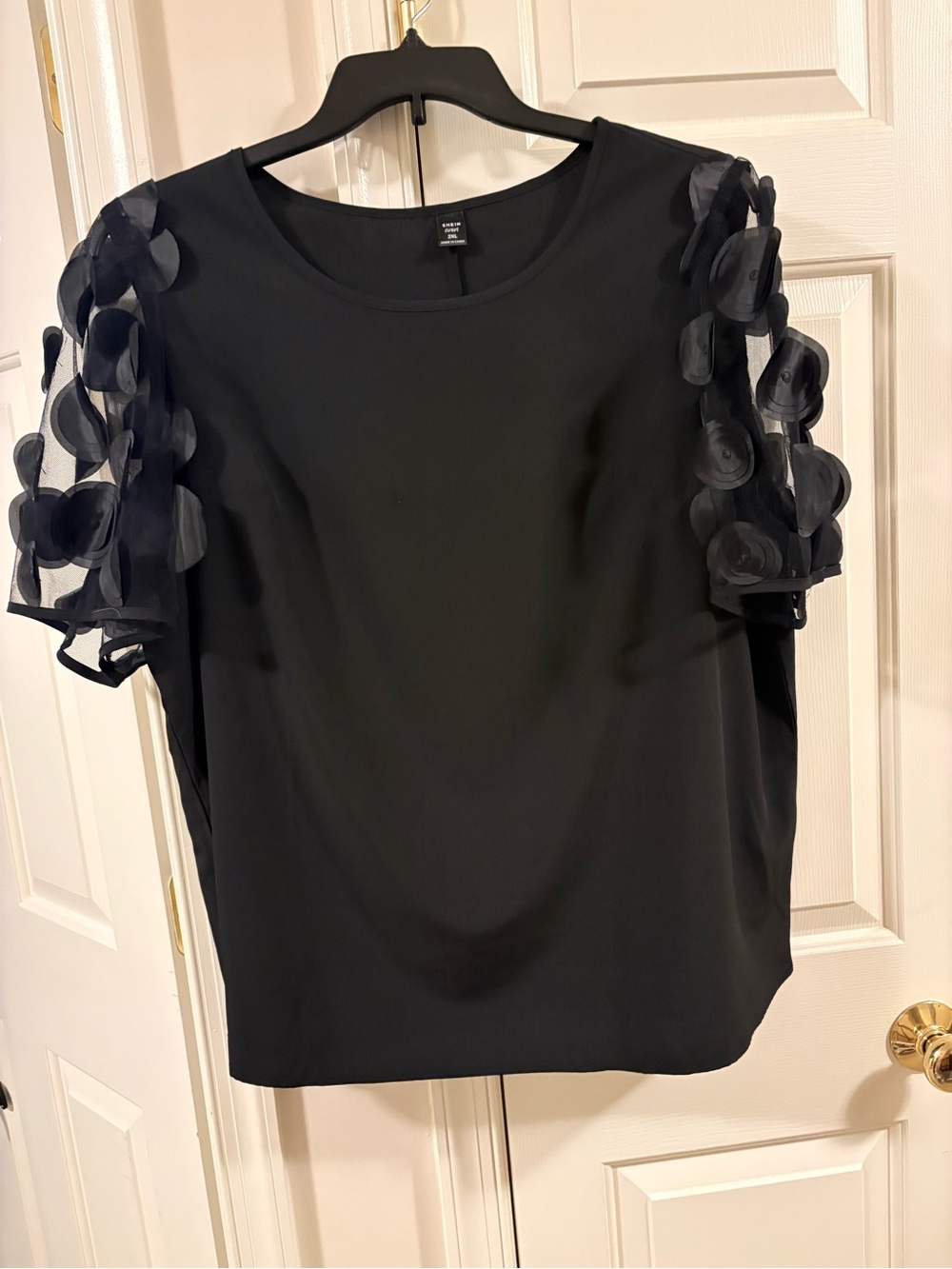SHEIN Black Short Sleeve Top with Sheer Circular Sleeve Details